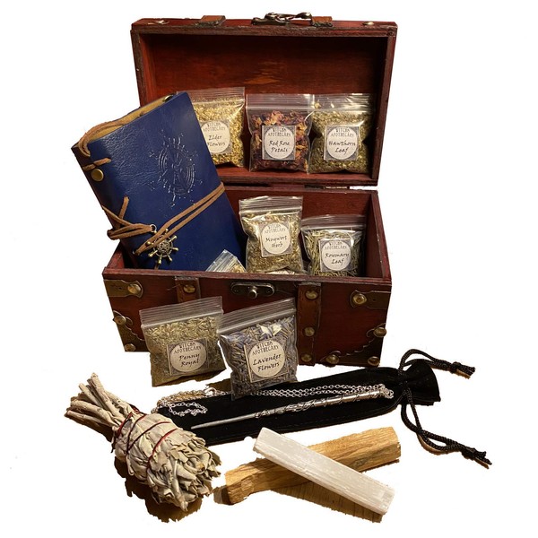 Witchcraft Starter Kit for Beginners w Book of Shadows Spell Book Witchcraft Apothecary Cabinet Wand Crystal Witchcraft Wooden Box Included (Medium)