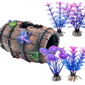 Bazayona Faeshoo Fish Tank Decoration Betta Fish Tank Decorations Accessories for Aquarium Tank, Starfish Barrel x 1pc, Aquatic Plants x 4pcs