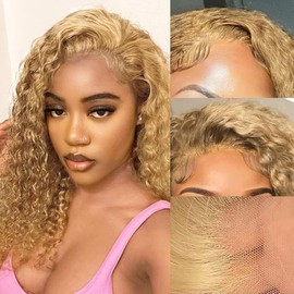 16INCH #27 Honey Blonde Water Wave Lace Front Wigs Human Hair Deep Curly Short Bob Wig Human Hair Pre Plucked 200% Density Lace Frontal Wigs for Black Women 13x4 Hd Deep Wave Glueless Wig