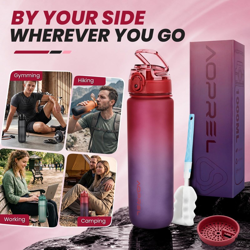 AOPREL Leakproof Water Bottle 1L/650ML with Time Marker, BPA-Free Tritan