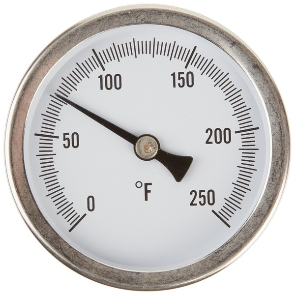 PIC Gauge B2SS-I 2.5" Dial Size, 0/250°F, Surface Mount, Straight, Lower Mount Connection, Stainless Steel Case, 316 Stainless Steel Stem Bimetal Thermometer