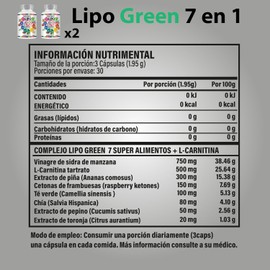 Lipo Green 7 en 1 | Vinagre de Manzana, Carnitina, Cetonas de Frambuesa, Té Verde, Chía, Extracto de Piña, Pepino y Toronja | Ingredientes 100% Naturales de Calidad | Suplemento Alimenticio Prémium | Purely Organics | 2 unidades de 90 Cápsulas.