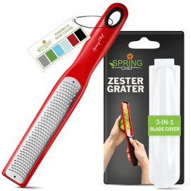 Spring Chef Premium Red Lemon Zester Grater with Handle - Fruit, Garlic, Ginger, Nutmeg, Orange Zester Tool - Heavy Duty Kitchen Shredder - Stainless Steel Citrus Zester with Blade Cover - Fine Shred