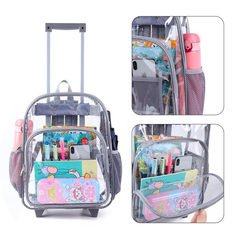 Rolling Clear Backpack, Heavy Duty See Through Bookbag, Transparent PVC