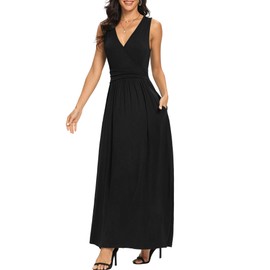 LILBETTER Women Sleeveless Deep V Neck Loose Plain Long Maxi Casual Dress(Black,Medium)