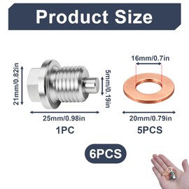 Magnetic Oil Drain Plug, M14 x 1.5 Stainless Steel Sump Drain Nut Bolt with 5 Copper Crush Washer, Universal Oil Pan Plug, Replacement Universal Oil Plug for Most Cars Motorcycle Boats Engines
