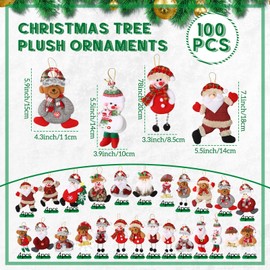 Suzile 100 Pcs Christmas Tree Plush Ornaments, Santa Bear Snowman Xmas Decorations Traditional Christmas Hanging Tree Pendant Rustic Doll Ornaments for Holiday Party Supplies