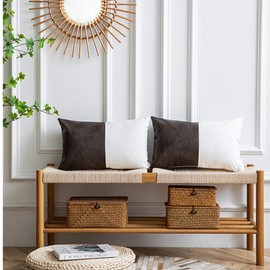 DEZENE Leather Throw Pillow Covers, Set of 2 Modern Leather/Cotton Decorative Pillowcases for Home Decor Bedroom Living Room Couch Bed Sofa, 12x20 Inch, Dark-Brown and White