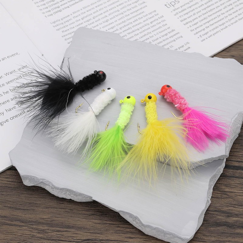 Briny River 30Pcs Feather Jig Head Hook Crappie Jigs Fishing
