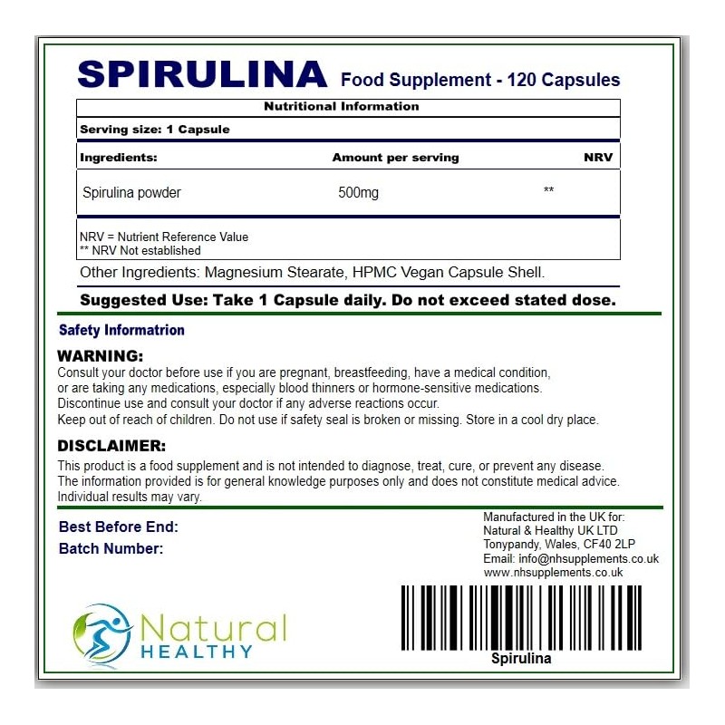 Spirulina 500mg (120 Vegan Capsules) Superfood Supplement | Non-GMO, UK