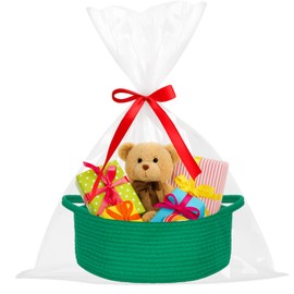 ShellKingdom Storage Basket with Handles, Empty Gift Basket with Gift Bags and Ribbon, Small Woven Baskets for Home, Nursery Storage Organizer, 12 X 8 X 5 INCH, Dark Green