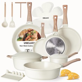 USELUCK 24Pcs Pots and Pans Set with Aluminum Lid, Nonstick Ti-Ceramic Cookware Sets, Induction Cookware Non Stick Cooking Set w/Frying Pans & Saucepans(PFOS, PFOA Free)-White