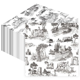 80 Sheets Vantage French Toile Paper Napkins, Disposable Countryside Horses, Bridges Trees Village Toile Napkins for Xmas Dinner Picnic Cocktail Birthday Party Supplies, 13 x 13 inches (Black)