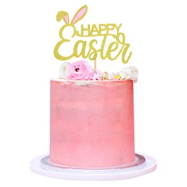 Ercadio 1 paquete de decoración para tarta de Pascua con orejas de conejo, oro con purpurina para tartas de Pascua, decoración de tartas