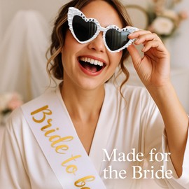 TWPER Bride Sunglasses Sash Set for Bachelorette Party, White Pearl Heart Glasses with Bride to Be Satin Sash, Bridal Shower Gifts, Wedding Accessories Engagement Photo Props