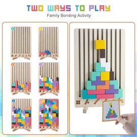 Wooden Puzzle Building Blocks, 42 Pieces 10 Cards Montessori Toy Geometric Shapes Assignment Game, Educational STEM Learning Gift for Children from 3+, Puzzle Game for Logical Thinking Non-Toxic