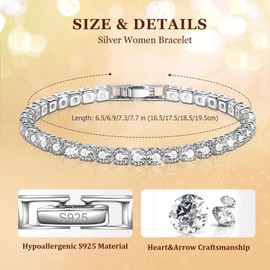 J.Fée Tennis Bracelets for Womens,Women Bracelet,Silver-plated Bracelet,Crystal Bracelet,5A Cubic Zircon Bracelet,Silver Bracelet for Women 925 Women Bracelet Valentines Gifts for Women,17.5cm