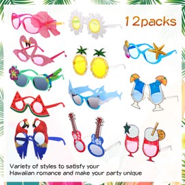 Janmercy 36 Pcs Hawaiian Grass Skirt Set for Luau Party Include 12 Hula Grass Skirt 12 Hawaiian Leis Flower 12 Luau Sunglasses Party Favor for Adults Women Tropical Summer Beach Party Costume