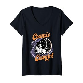 Womens Cosmic Cowgirl Riding the Galaxy Stars V-Neck T-Shirt