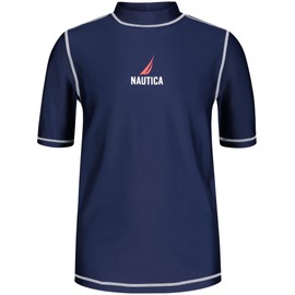 NAUTICA Boys' Short Sleeve Swim Rashguard with UPF 50+ Sun Protection, J Navy/Red Logo, 4
