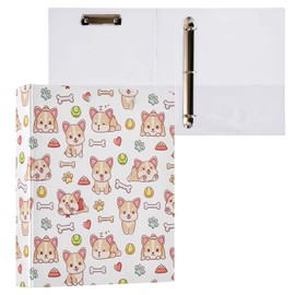 Cute Hand Drawn Corgi Dogs and Hearts Tennis Paw Bone 3 Ring Binder 1.5" Decorative D-Ring Binder with Clipboard&3 Clear Pockets, Holds 200 Sheets A4 Size Paper Binders for School Home Office