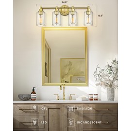 FEMILA Vanity Lights for Bathroom, Modern 4-Light Gold Bathroom Light Fixture, Wall Vanity Lamp with Champagne Gold Finish, 4FYC56B-4W BG