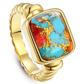 Phyonio Women's 14K Gold Plated Statement Rings Emerald Cut Spiny Oyster Turquoise Signet Ring Stainless Steel Chunky Gold Rings Band Size 10