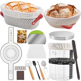 Foedo Sourdough Starter Kit, Sourdough Bread Baking Supplies with with 40oz Jar, 10" & 11" Cotton Banneton Proofing Baskets Set - Artisan Bread Tools, Silicone Sling for Homemade Sourdough Baking