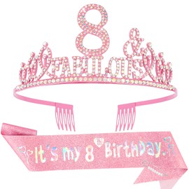 Hapdoo 8th Birthday Decorations for Girls Set - Happy 8th Birthday Princess Crown and Glitter Sash, 8 Year Old Girl Tiara Party Decorations Supplies Outfit Accessory Gifts