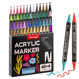 Finnhomy 48+4 Acrylic Paint Markers, Dual Tip Acrylic Paint Pens with Dot and Brush for DIY Crafts, Acrylic Markers with 4 Additional Colors Including GOLD, SILVER, AEGEAN, BROWN