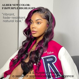 ALHER Black Mix Midnight Purple Burgundy Highlight Bundles Human Hair Body Wave, 10A Soft Thick 3 Bundles Wavy 100% Remy Hair Balayage Highlight Two Tone Colored(#1B/Purple, 10 12 14 Inch)