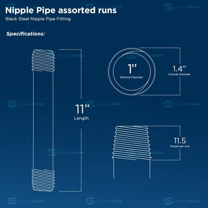 Supply Giant OQCM1011 11" Long Black Steel Nipple Pipe Fitting