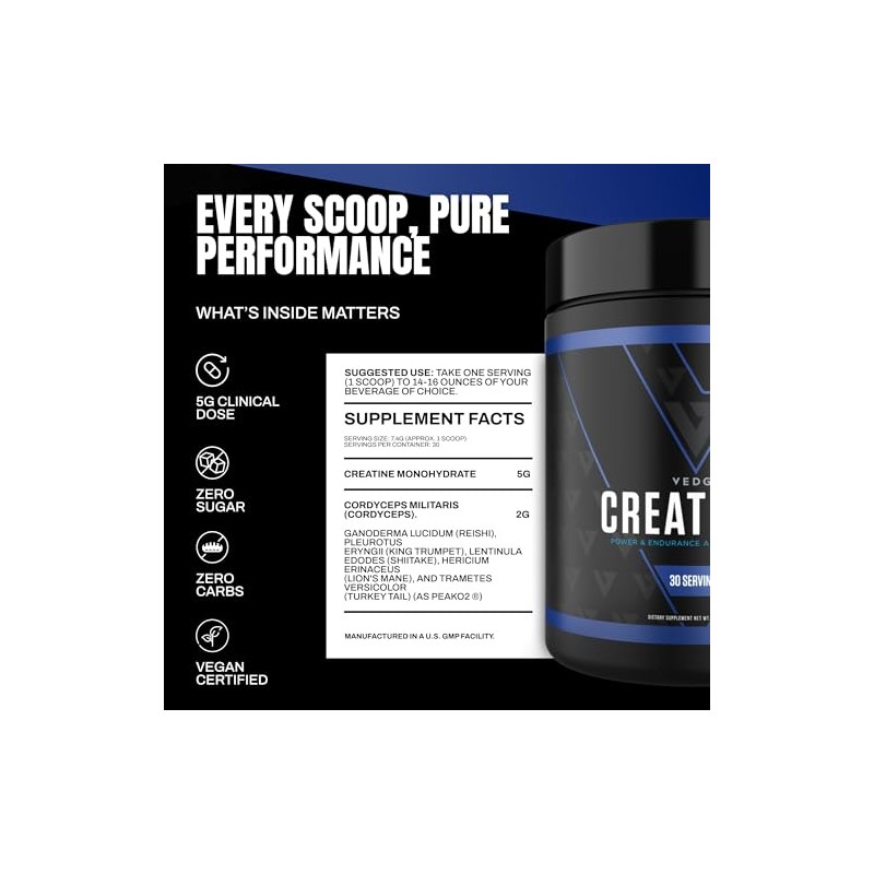 Vedge Nutrition Creatine Vegan Plant-Based Creatine Monohydrate Powder Energy, Performance
