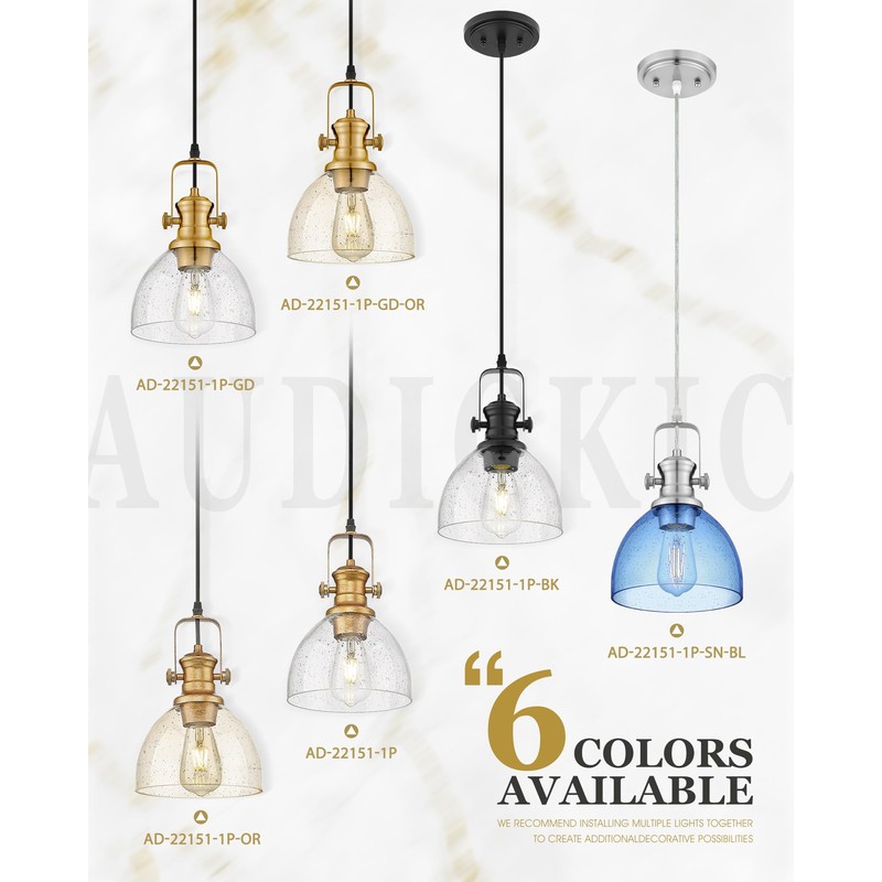 Audickic Pendant Lights Kitchen Island, 7.5" Farmhouse Pendant Lighting with