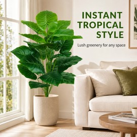 Artificial Palm Tree 39.37 Inch, 18-Leaf Faux Tropical Floor Plant, Green Plastic Tree Without Pot for Home Wedding Garden Decor