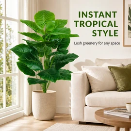 Artificial Palm Tree 39.37 Inch, 18-Leaf Faux Tropical Floor Plant, Green Plastic Tree Without Pot for Home Wedding Garden Decor