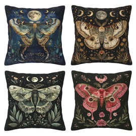 Tropical Flowers Butterflies Pillows Cover Set of 4 Moon Phase Moth Decor Throw Pillow Covers Goth Pillowcase Cushion Case Boho Leaves Pillow Decorative for Couch Sofa Home Office Outdoors 16x16 Inch