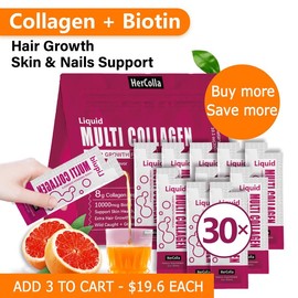 HerColla Multi Collagen Glow Shot with 8g Collagen Peptides(Type I II III V X), 10000mcgBiotin, Vitamin C, Thicker Hair, Skin Hydration and Elasticity, Nails and Joint Support-10.10zcollagen  drink liquid collagen complete