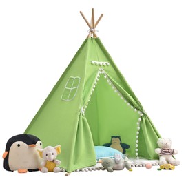 Teepee Tent, 120 x 120 x 160 cm, Play Tent with Felt Ball, Indoor Playhouse, Multiple Colours, Canvas, Teepee Tent, Reading Tent & Playroom, Children's Tent (Green)