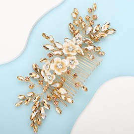 Rumtock Champagne Rhinestones Beads White Flower Hair Comb Wedding Bridal Boho Handmade Hair Accessories (Champagne)