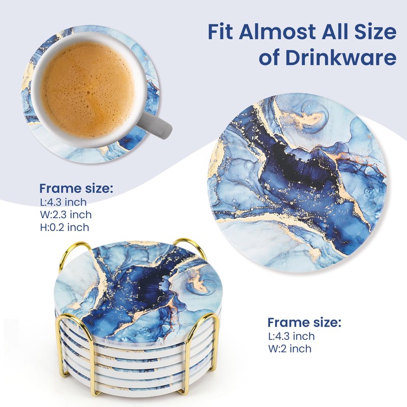 Topdea Drink Coasters with Holder(Set of 6), Navy Blue Marble