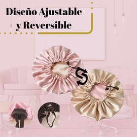 Satin-Mütze, Schlafmütze, Seidenkappe für lockiges Haar, verstellbar, wendbar, Silk Bonnet, Kamm Curly und Scrunchies, Geschenk für Frauen (Rosa)