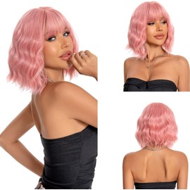 Pelucas para Mujer de Pelo Corto ondulado con Flequillo(12’’/30cm, Rosa) Peluca al Hombro Rizada y Ondulada, Peluca Bob de Pelo Sintético para Mujer para Cospla, Fiestas, Halloween
