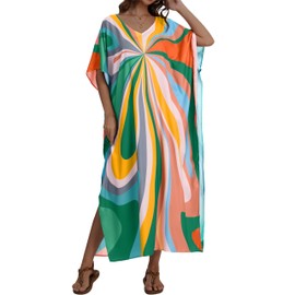 Gosunny Caftano, abiti da spiaggia estivi da donna, maxi abito con scollo a V, abito estivo arioso, tunica lunga da spiaggia, abiti boho abiti larghi 2026, Taglia unica