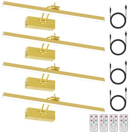 4Pack Rechargeable Picture Light, 5200mAh Brass Battery Operated Picture Lights for Wall with Remote Control, 300LM 3000K Warm White Light 16" Metal Dimmable Picture Frame Light for Painting & Artwork