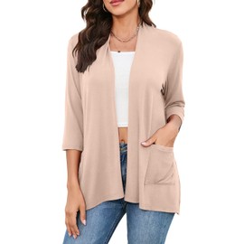 HIYIYEZI Women's Lightweight Kimono Cardigans Loose Fit 3/4 Sleeve Beach Cover Up with Side Pockets (X-Large, Taupe)