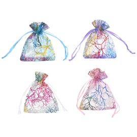 sourcing map Organza Bag 2.7" x 3.5", Sheer Colorful Coral Mesh Bags Drawstring Gift Bags Party Favor Bag Jewelry Pouches for Wedding Candy Valentines (Multicolor-Gold, Pack of 50)