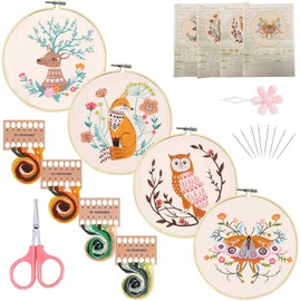 NEWSEE 4 Pack Beginner Embroidery Set with Patterns and Instructions for Adults,Full Set of Cross Stitch Kit Set,Including Embroidery Hoop Threads Needles Scissor Stitch Instructions(Animal)