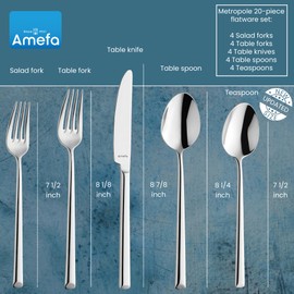 Amefa Metropole 20-Piece Flatware, Set for 4 – Stainless Steel Silverware, High-Gloss Mirror Finish, Rust-Resistant Cutlery with Forks, Knives, Spoons, Salad Forks & Teaspoons for Dining & Home Meals