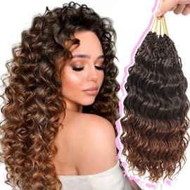 Gowit Pre Looped Deep Wave Crochet Hair 14 Inch 7 Packs Short Curly Ombre Brown Pre Twisted Ocean Wave Deep Twist Crochet Braids Synthetic Braiding Hair for Black Women
